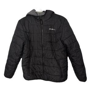 Eddie Bauer Kids Reversible Jacket L 14/16 Hooded Puffer Sherpa Gray Black